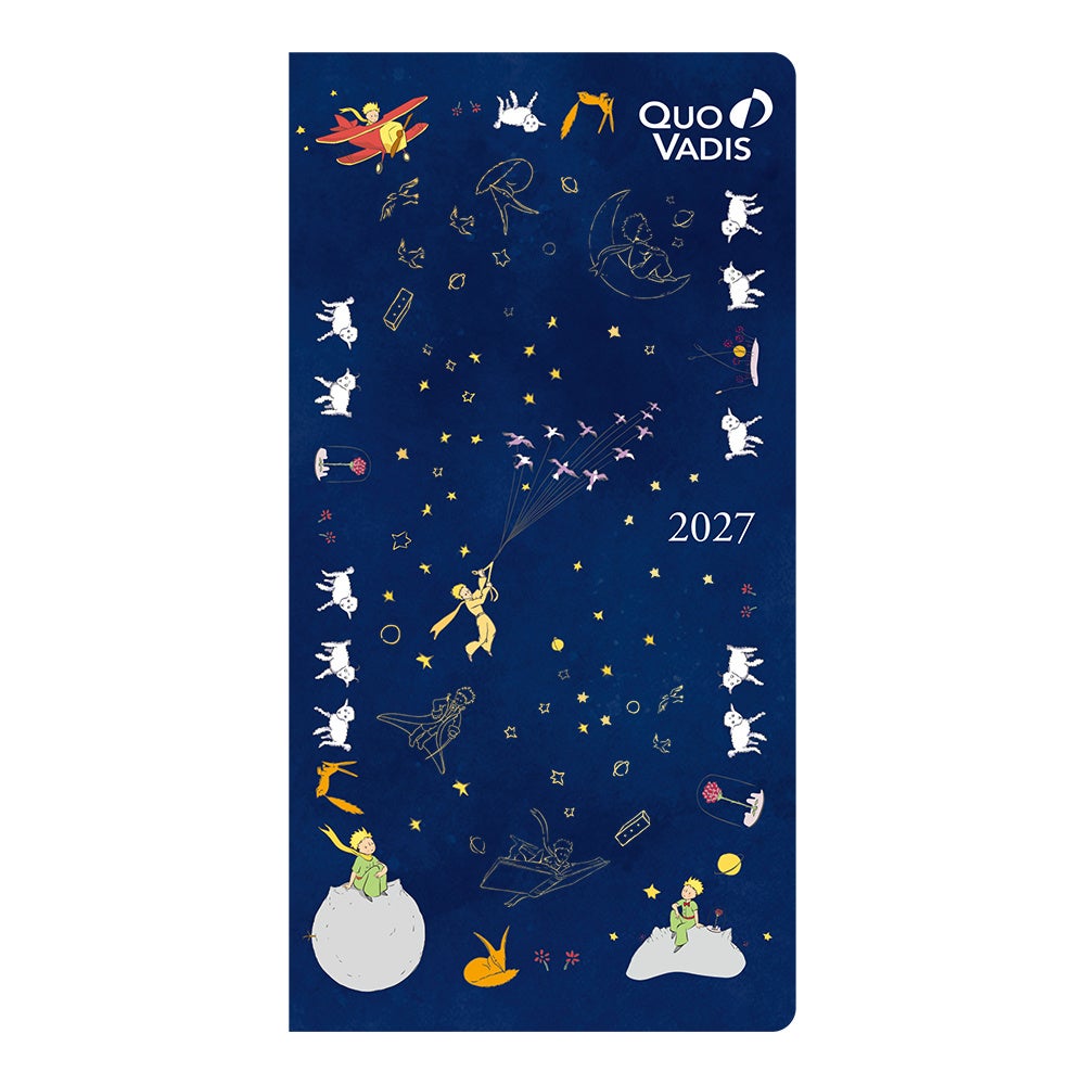 ビソプラン「シープ」の細長い濃紺カバー。月間予定を記す形式の2027年版です。 Le Petit Prince® 星の王子さま® All TM properties of POMASE 2026