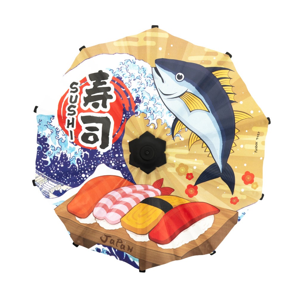 寿司柄のメーカー写真。魚や寿司の絵柄を傘面に配しています。富士山柄とは別の1本です。